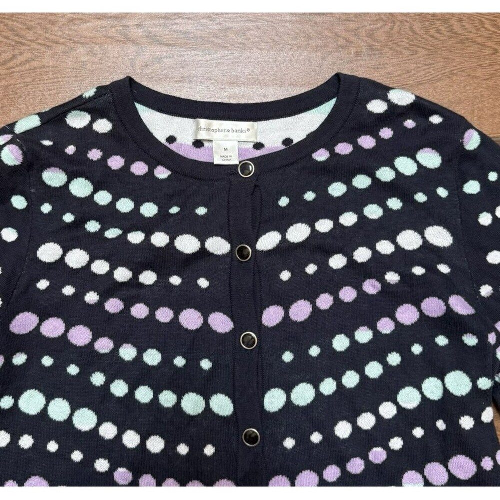 Christopher & Banks Polka Dot Spring Cardigan Sweater Lavender Navy Blue Sz M